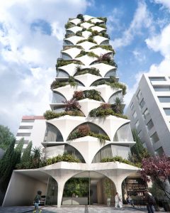 ODD architects designs sunflower-inspired tower with arched facades and _mini forests_